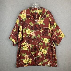 Vintage Tommy Bahama Silk Shirt Button Up Red Ticket To Relax Floral Mens L‎
